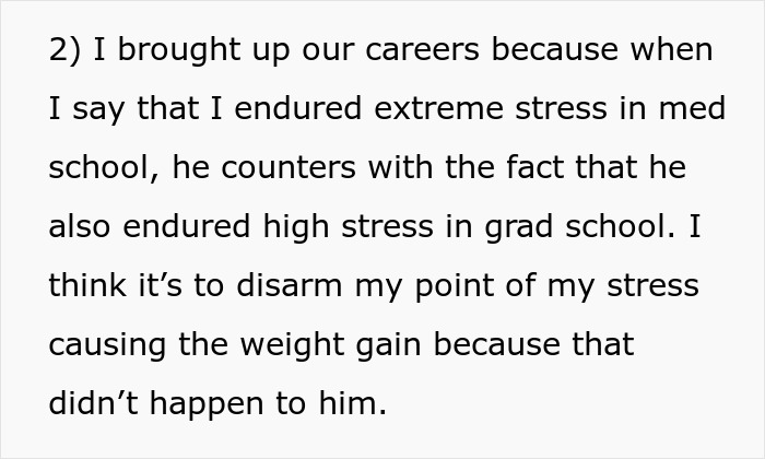 Text excerpt discussing stress in med and grad school and its relation to weight gain in a personal relationship context.