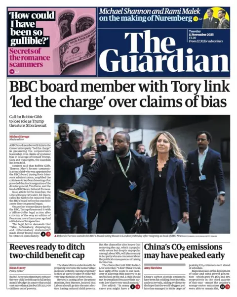 The headline on the front page of the Guardian reads: "BBC board member with Tory link 'led the charge' over claims of bias". 