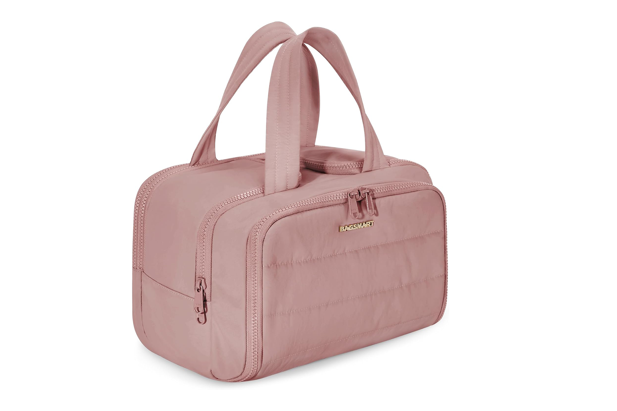 A pink BagSmart travel bag with multiple zippers and handles.