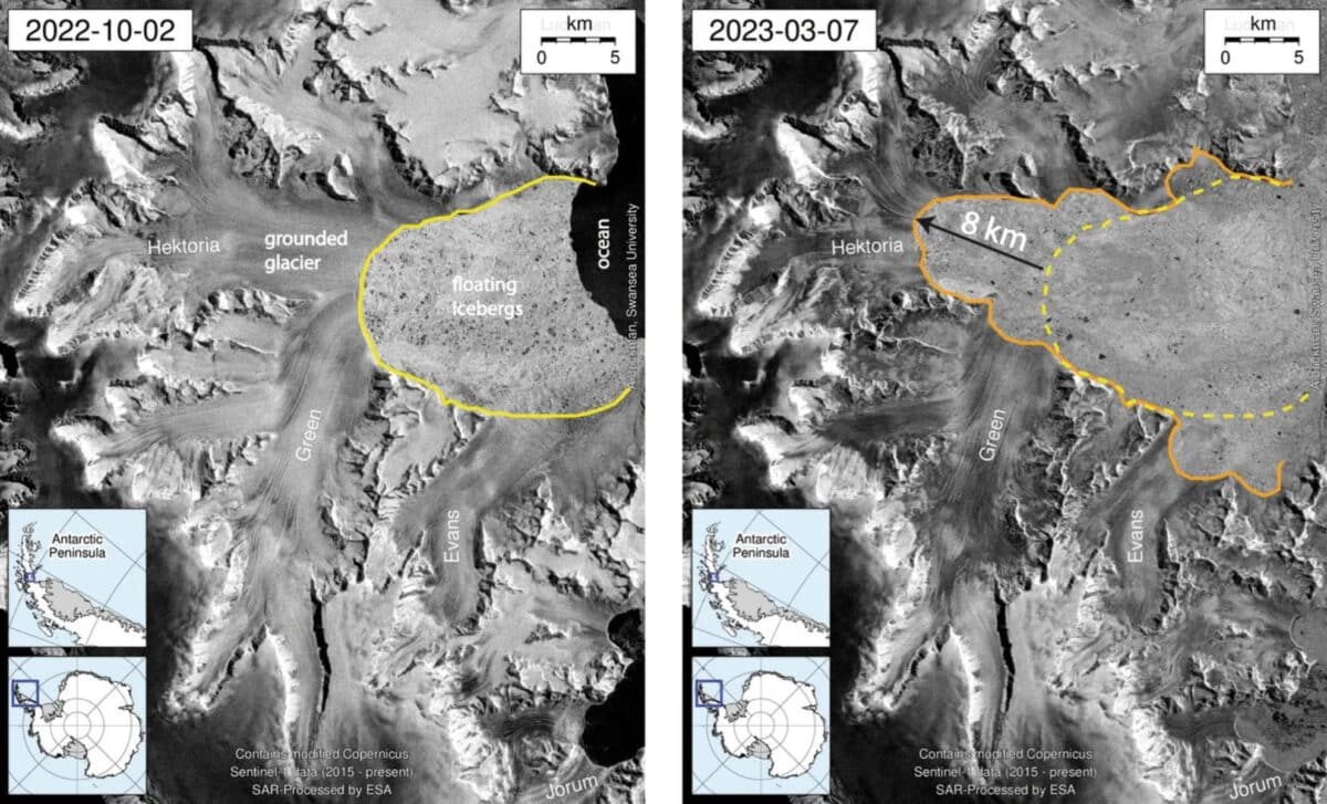 Between 2022 And 2023, The Breakup Of Fast Ice Allowed Ocean Water To Reach The Hektoria Glacier, Causing It To Shrink By Half.