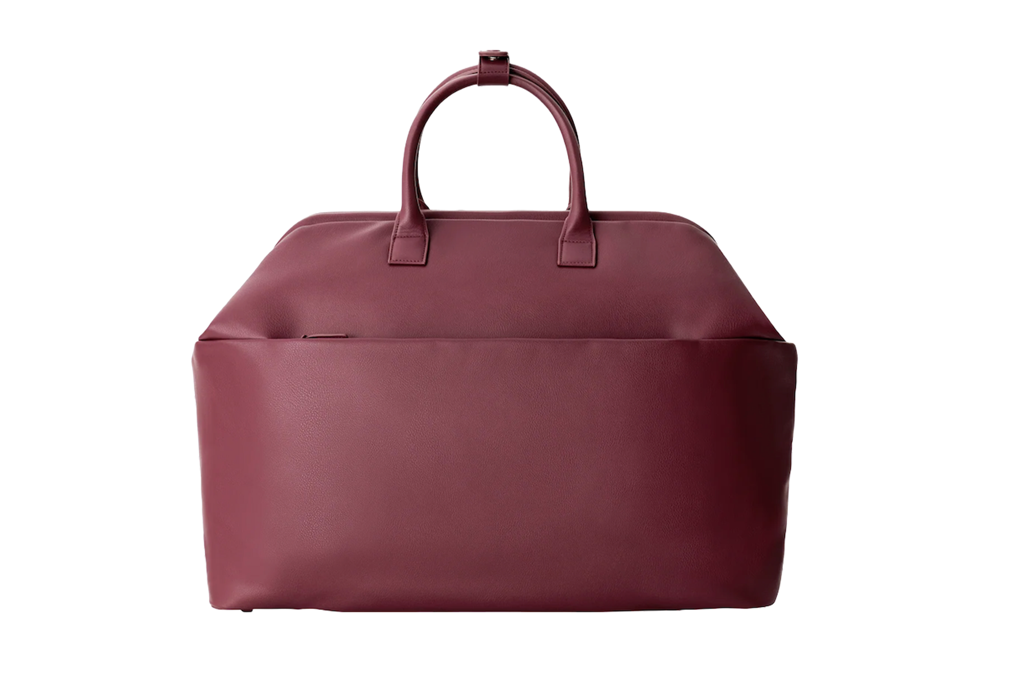 Maroon leather duffel bag with handles.