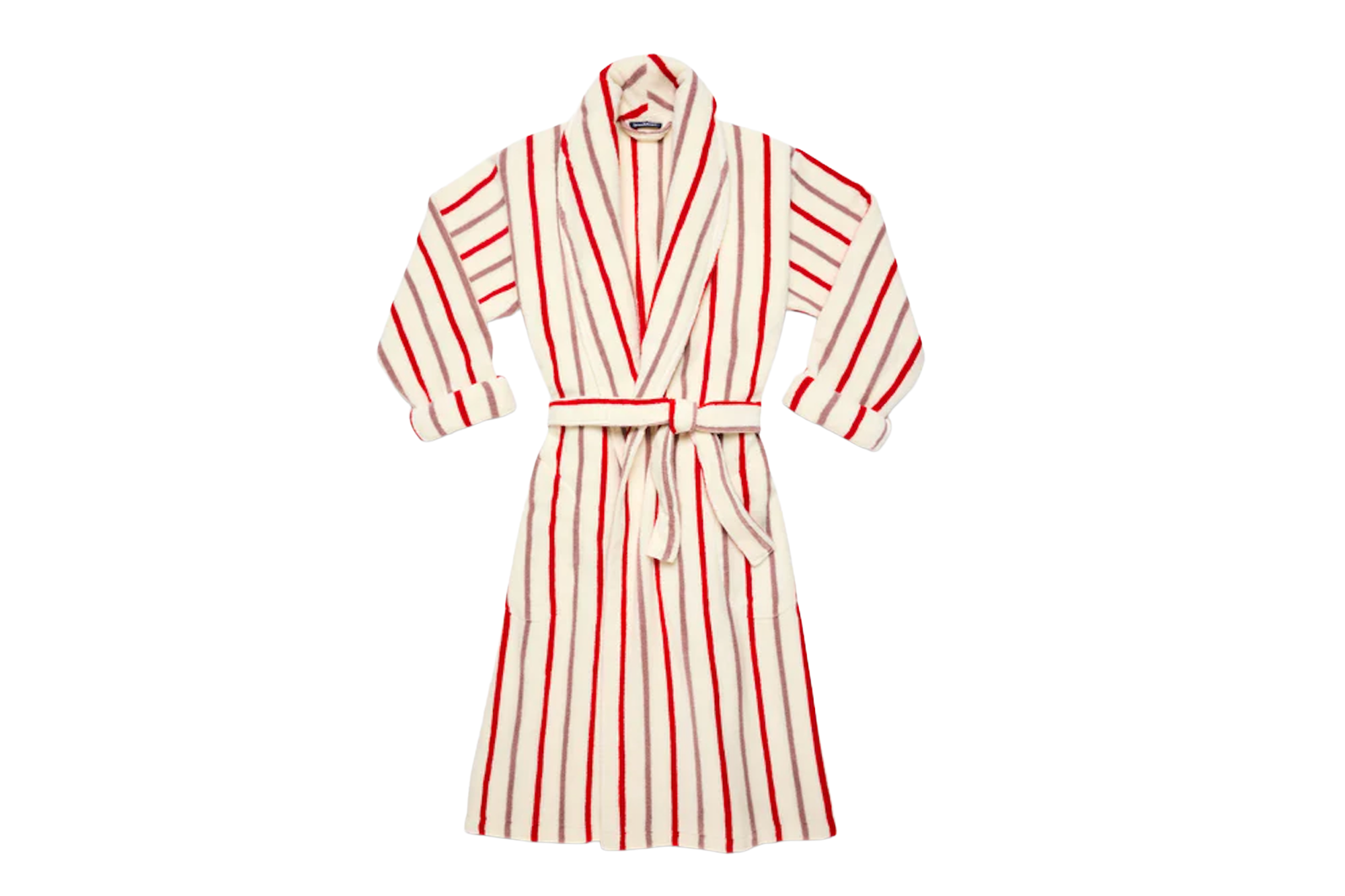 White striped robe with red and grey vertical stripes.