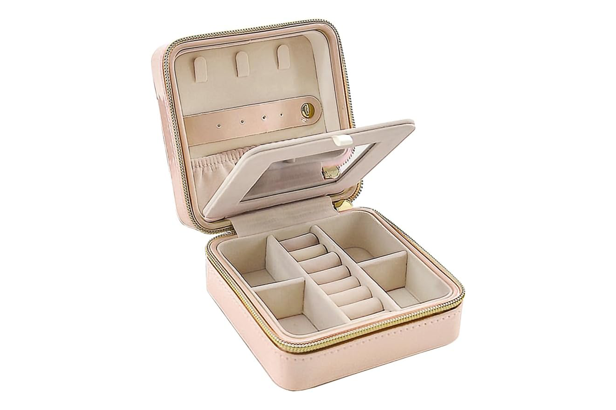 Open pink zippered jewelry box with a mirror.