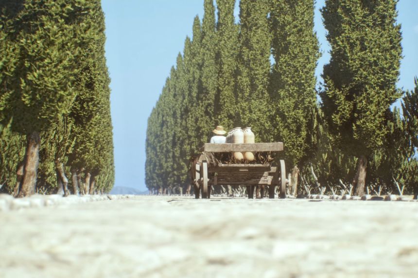 Ox carts or pack animals transport food over roads that connected farms to cities in an image provided by Itiner-e and taken from an animation.