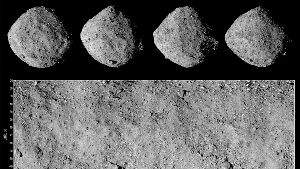 These images, taken by the OSIRIS-REx spacecraft’s PolyCam camera in 2018, show four views of asteroid Bennu along with a global mosaic. - NASA/Goddard/University of Arizona