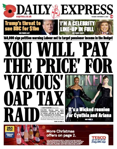 Front page of the Daily Express with the headline "You will 'pay' the price' for 'vicious' OAP tax raid.