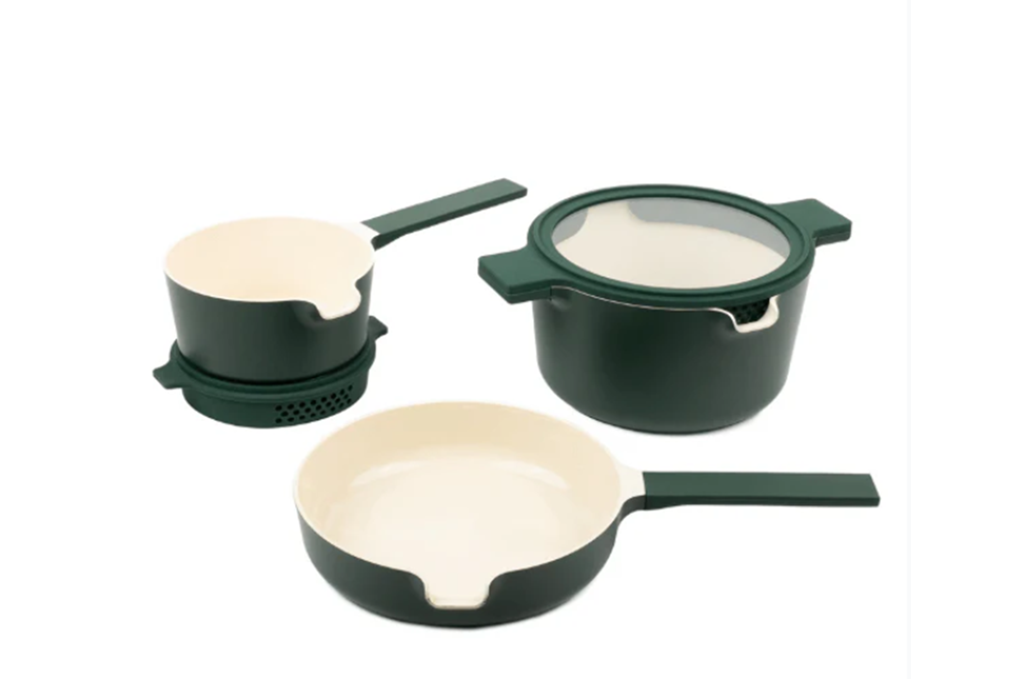 Green and cream colored cookware set.