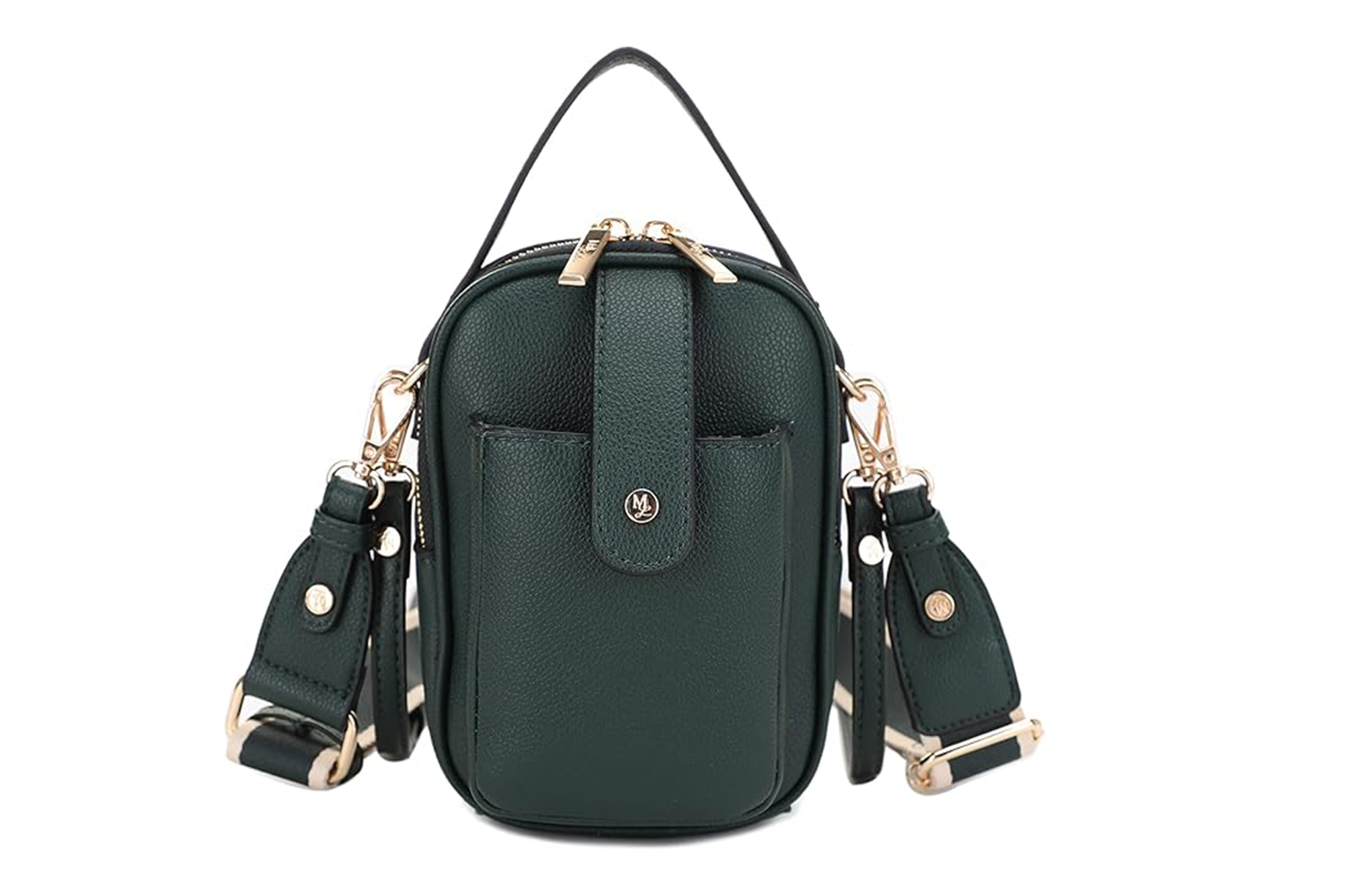 Dark green crossbody bag with a handle and gold hardware.