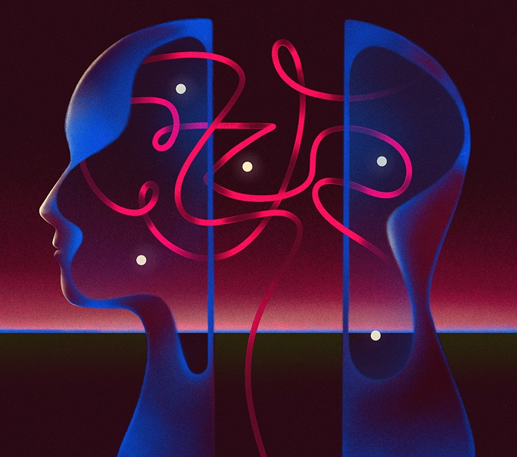 Conceptual illustration showing an abstract human profile with a jumbled pink string inside.