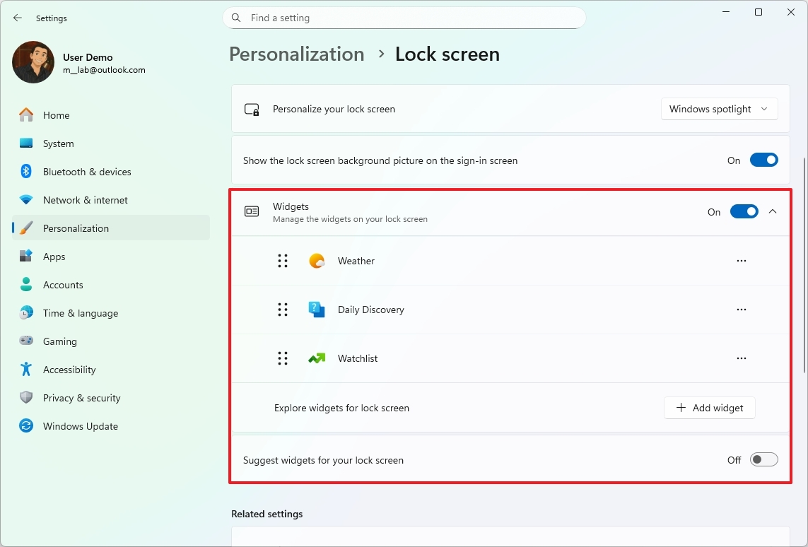 Lock Screen Widgets settings
