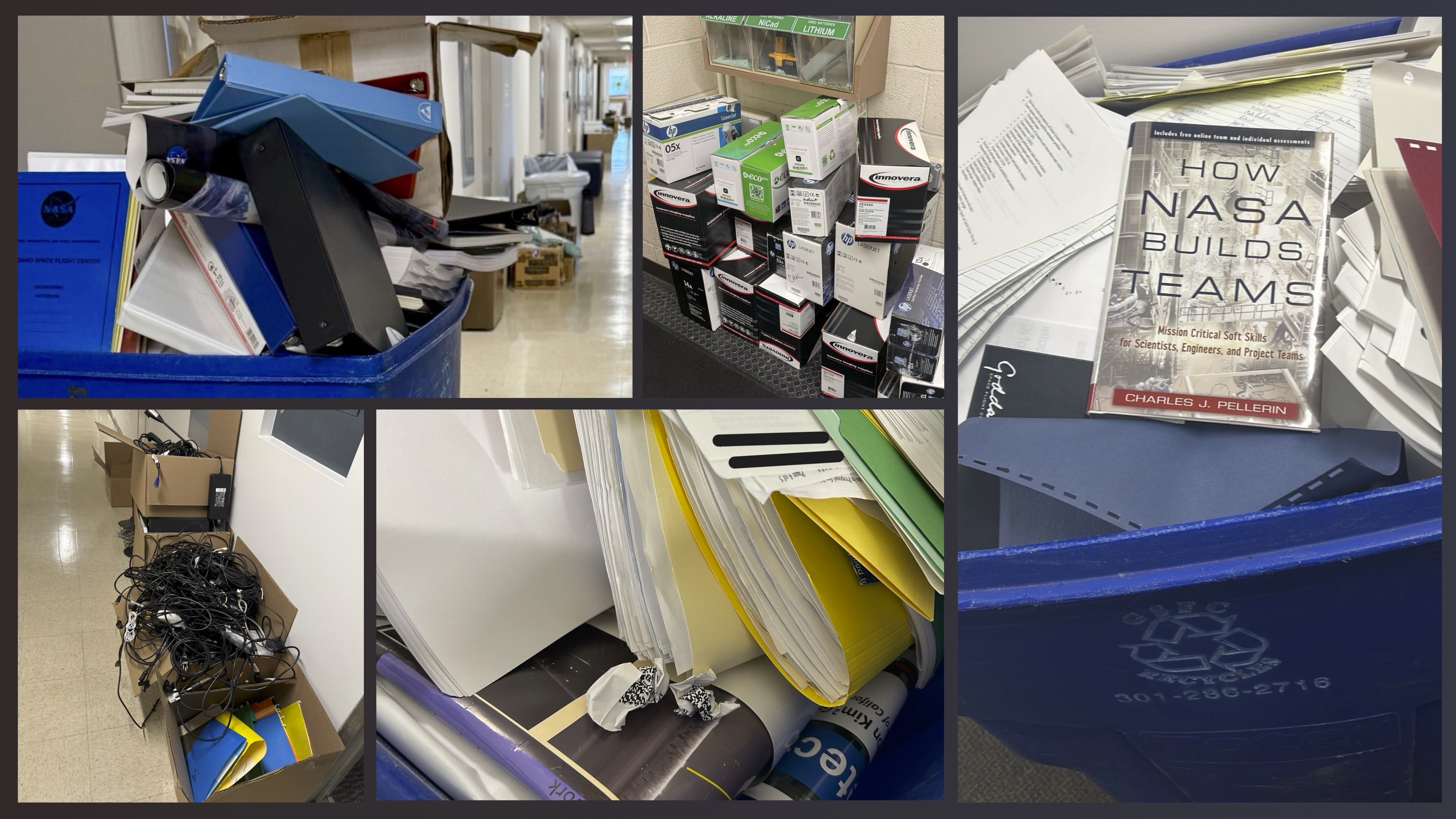 different images in an uneven grid show trash in hallways.