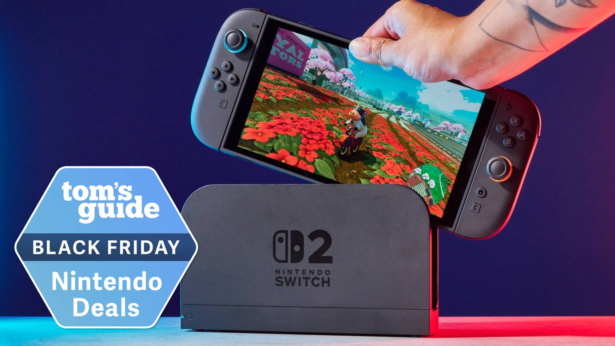 A Nintendo Switch 2 photographed under RGB lighting with a Tom's Guide Black Friday deal tag