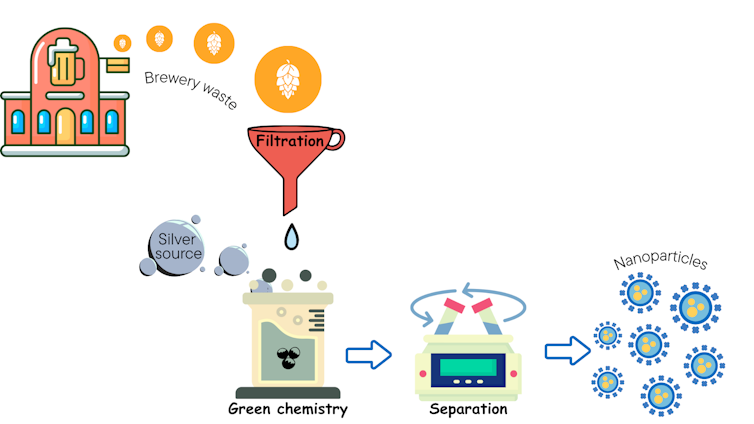 The steps involved in the creation of green nanoparticles using brewery wastes from different stages of brewing
