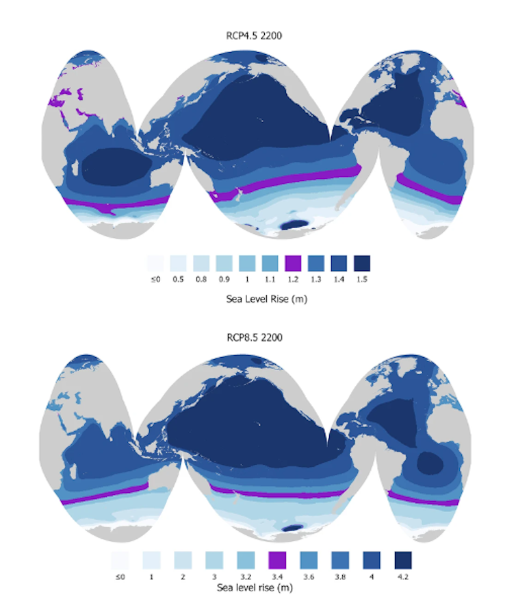 Two maps of the earth showing differing sea level rise