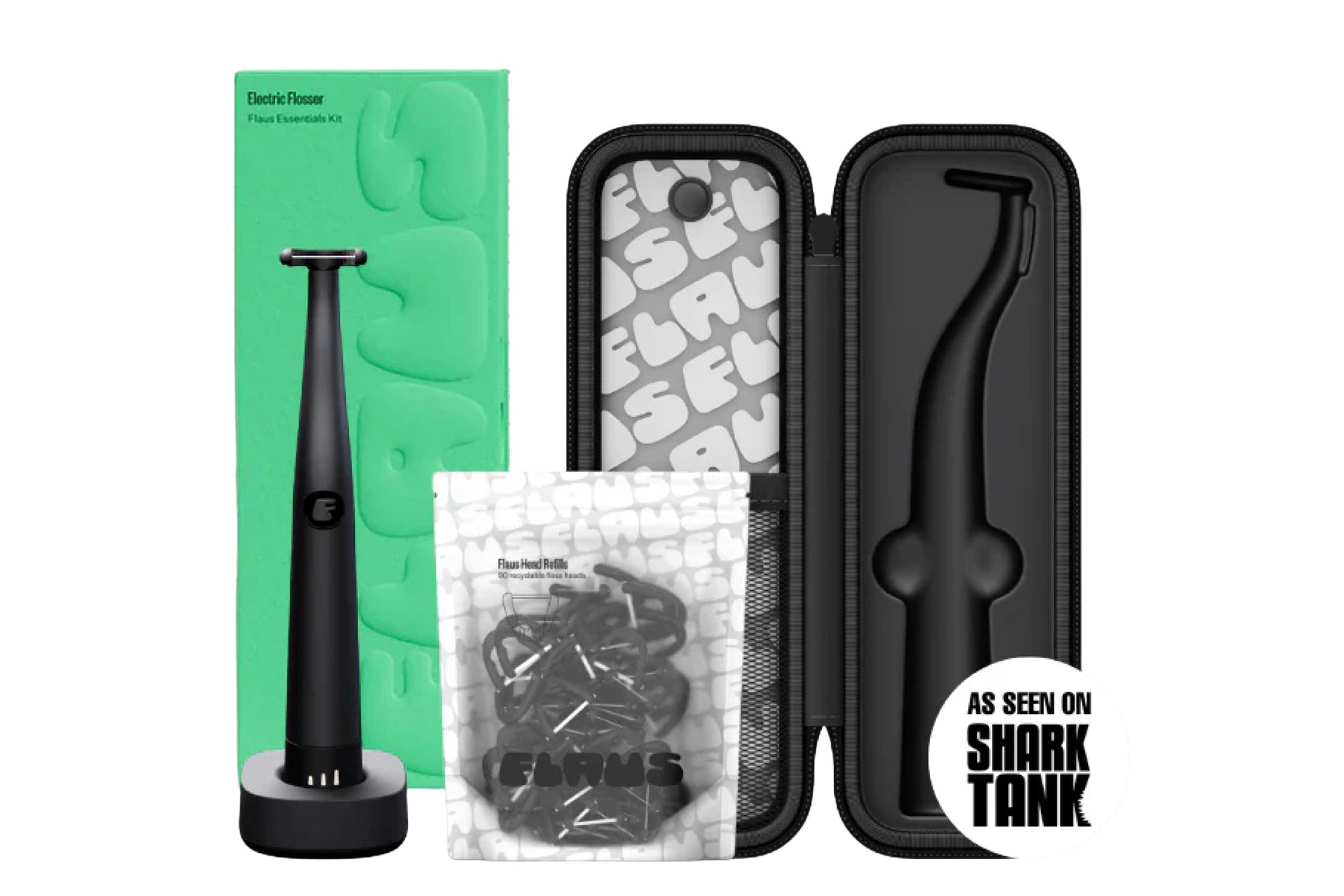 Flaus Electric Flosser Essentials Kit with charging base, refill heads, and travel case, advertised as "As Seen on Shark Tank."