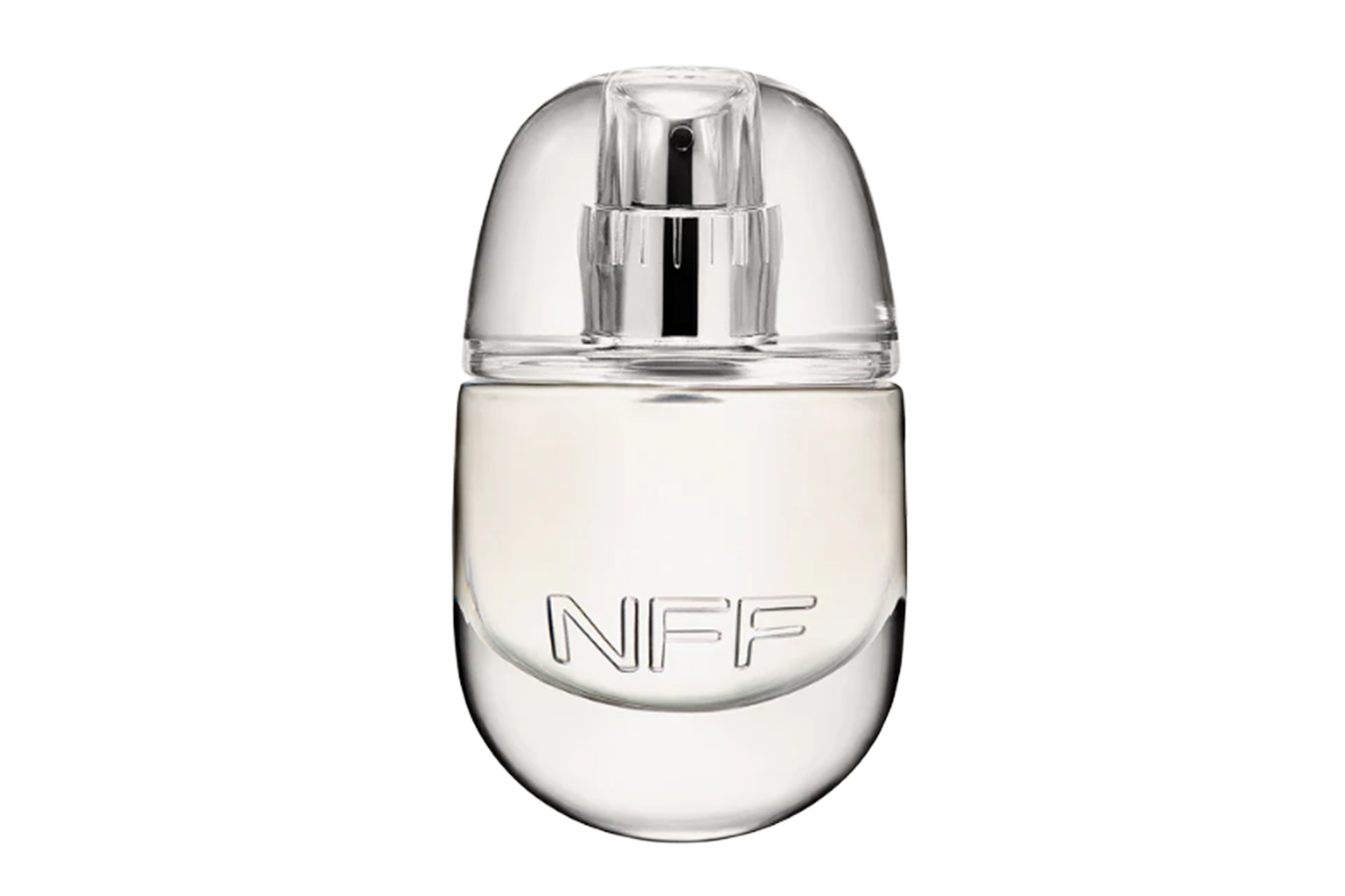 Clear glass fragrance bottle with "NIFF" embossed on its front.