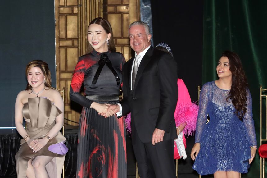 Miss Universe co-owners Anne Jakkaphong and Raúl Rocha Cantú pictured at a press conference ahead of last year's Miss Universe pageant, on January 23, 2024, in Mexico City.