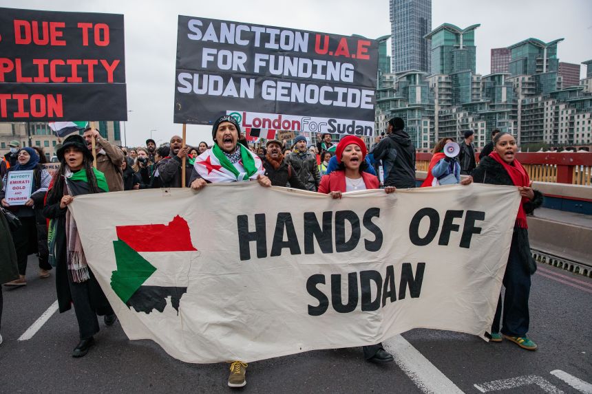 Activists take part in a march from the US embassy to Parliament in London, on November 9, 2024.