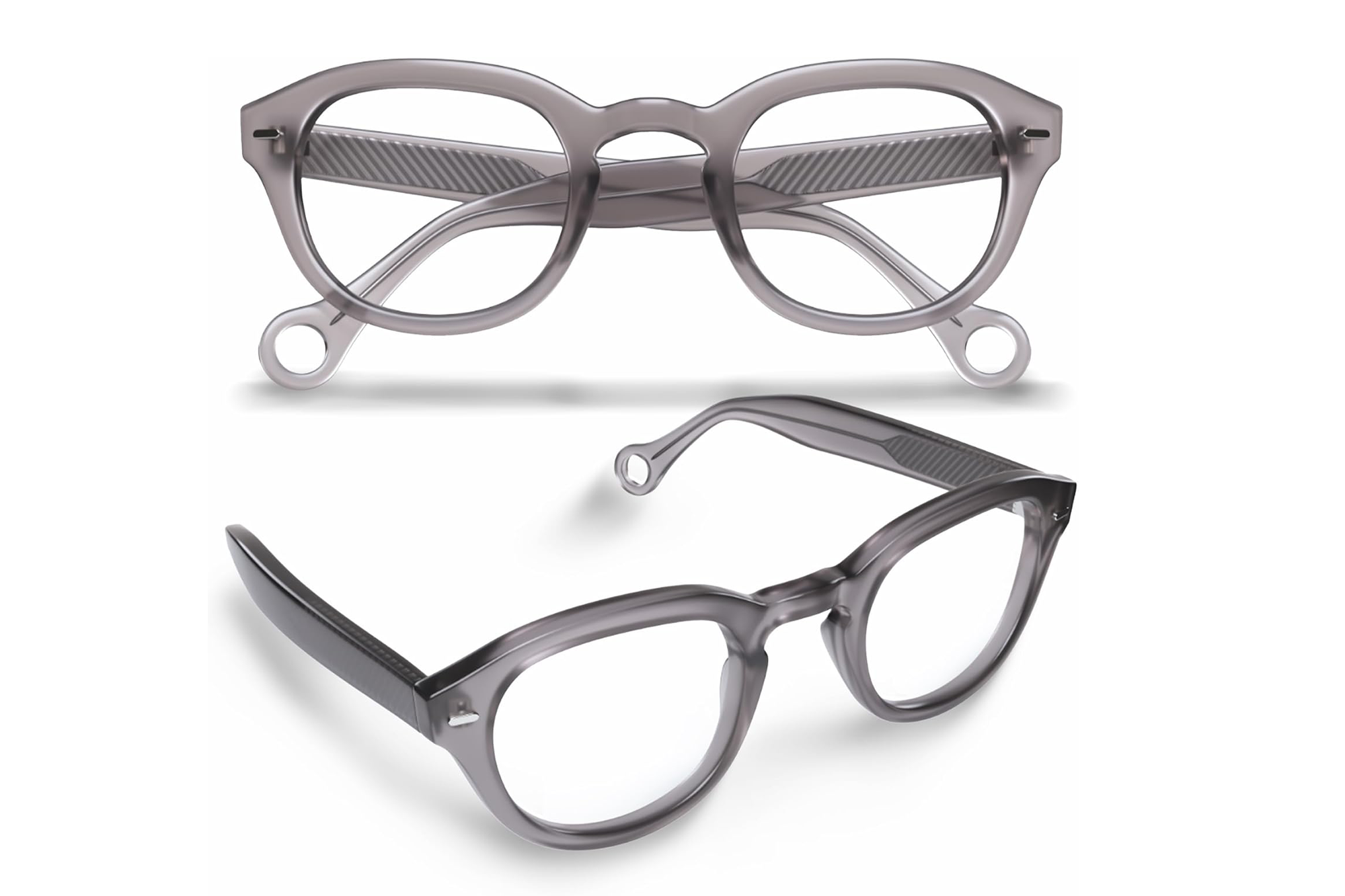 Two pairs of translucent gray glasses with patterned arms.