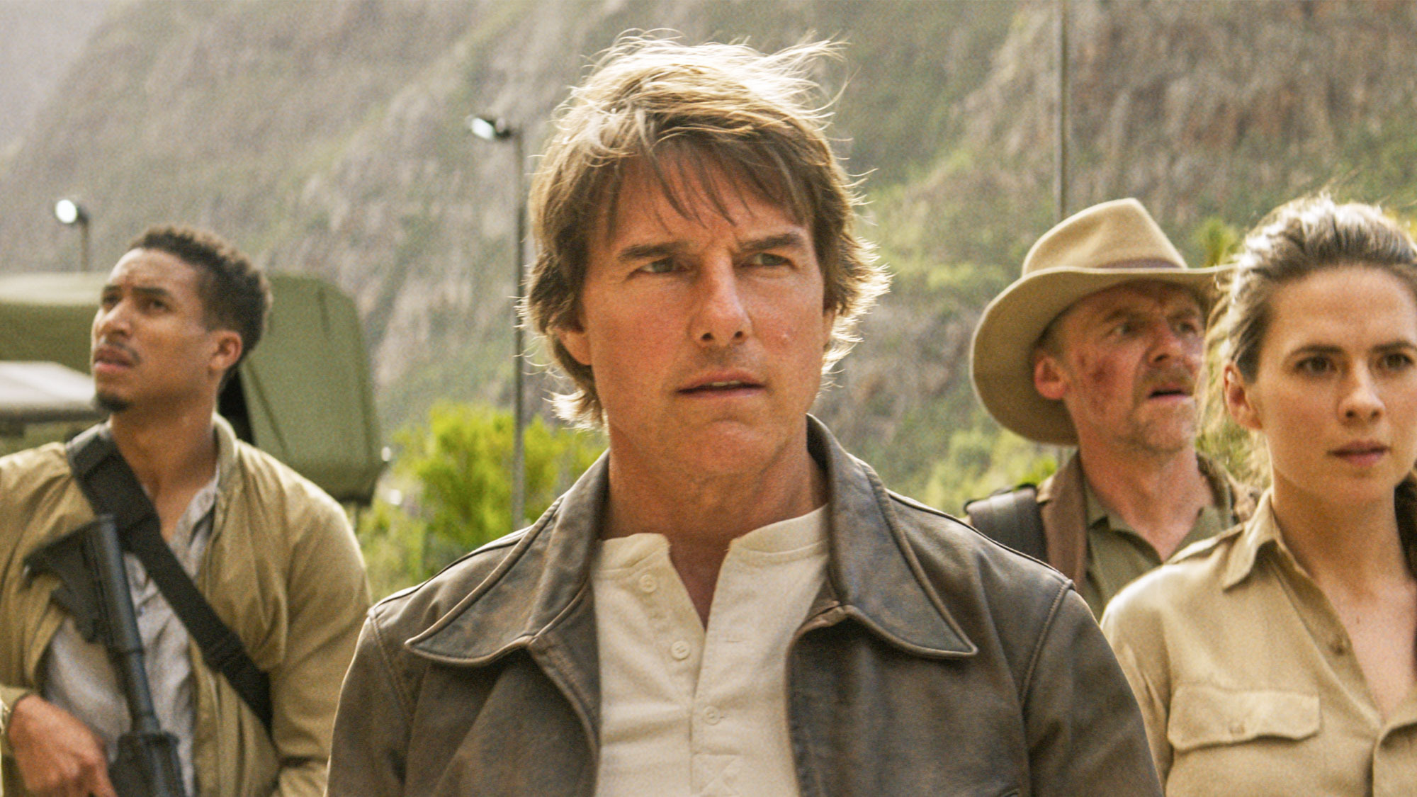 Ethan Hunt (Tom Cruise) flanked by IMF teammates Degas (Greg Tarzan Davis), Benji (Simon Pegg) and Grace (Hayley Atwell) in a scene from "Mission: Impossible - The Final Reckoning"