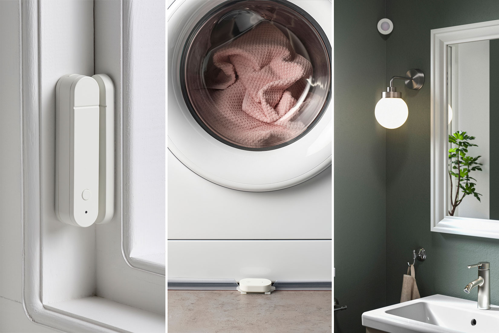 Three images featuring a window sensor, a leak detector beneath a washing machine, and a motion sensor installed in the corner of a bathroom.