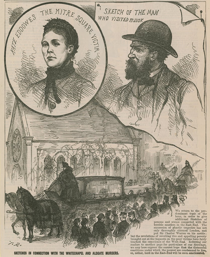 Ink sketch depicting Jack the Ripper victims and a suspect, highlighting historical Whitechapel murders and DNA breakthrough debates.