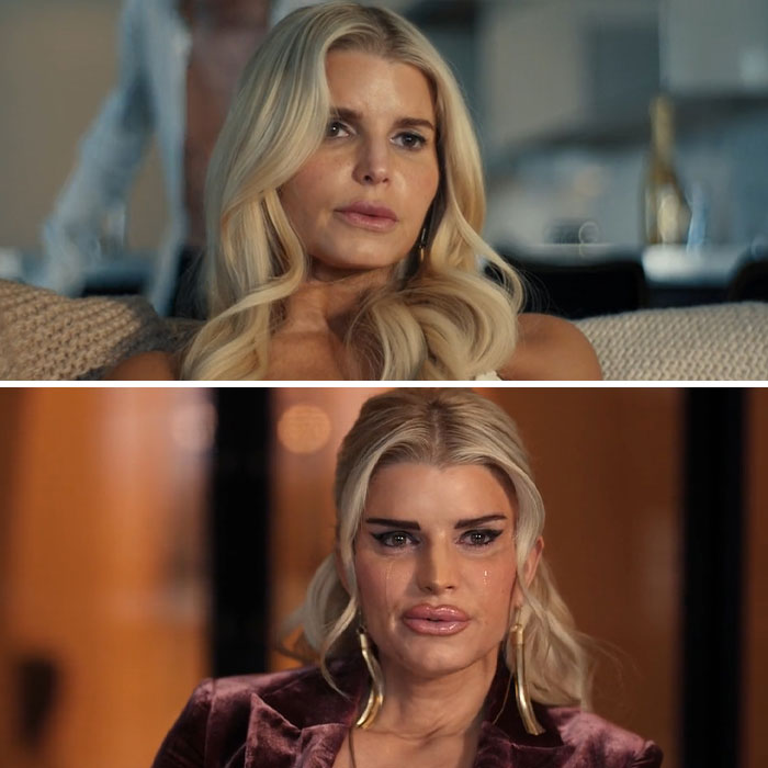 Jessica Simpson showing effects of botched plastic surgery in emotional scenes from All's Fair acting return.