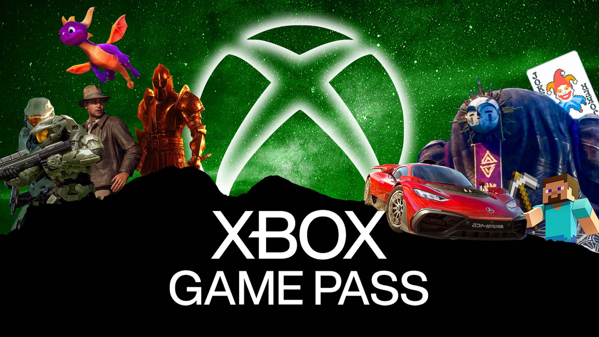 The Xbox logo coming up over a mountain with several characters around it. The words, "Xbox Game Pass" are below the Xbox logo.