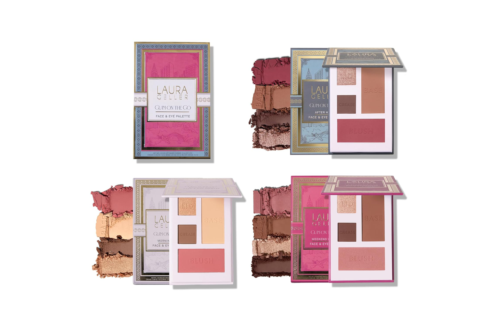 Collage of four Laura Geller Glam On The Go face and eye palettes, each with different color schemes and labels for Morning, After Hours, and Weekend.