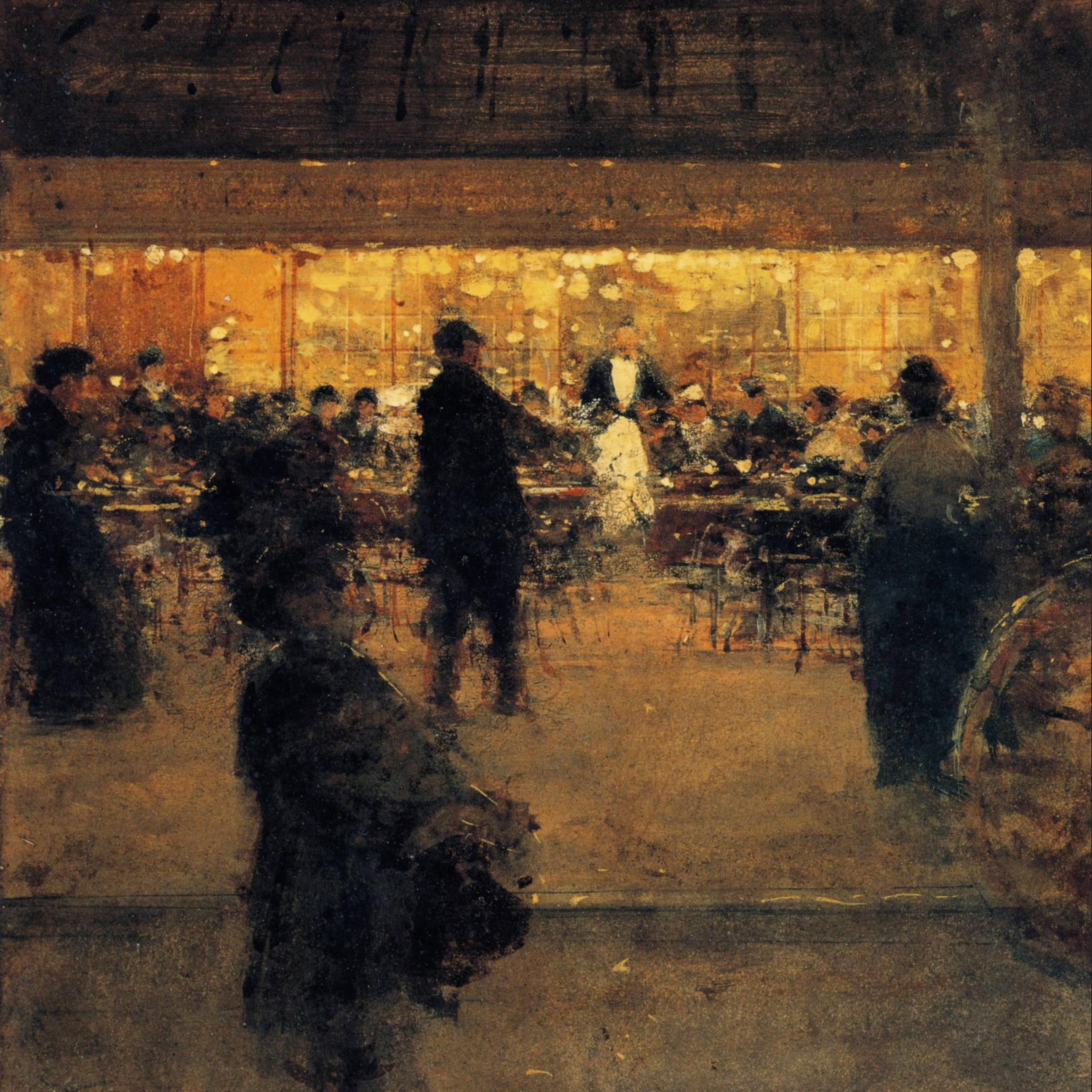 Painting of a dimly lit café with blurred figures inside, creating a warm atmospheric scene; some figures are seated at tables, others standing and moving around the space.