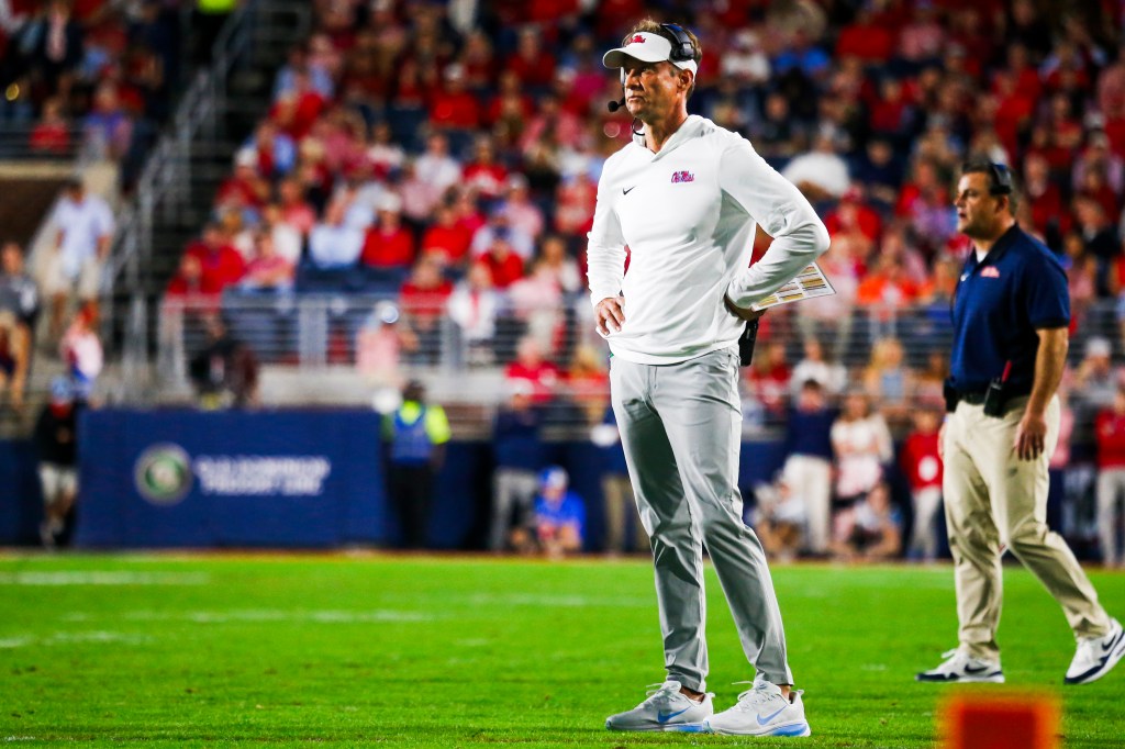 Mississippi Rebels head coach Lane Kiffin reacts to a play against the Florida Gators.