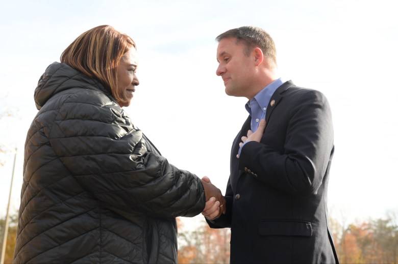 Republican Attorney General Jason Miyares greets a voter in Stafford County. Courtesy of Miyares campaign.