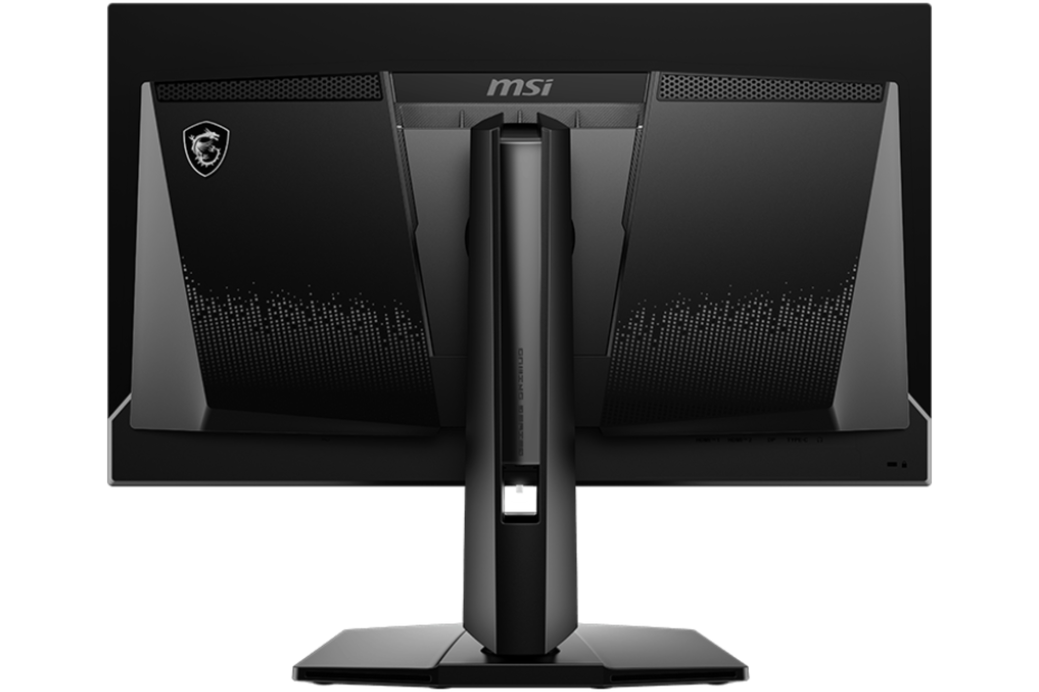 An image of the rear of MSI’s MAG271QPX E2 QD-OLED gaming monitor, showing a plastic design that encloses a heatsink to keep the monitor cool.