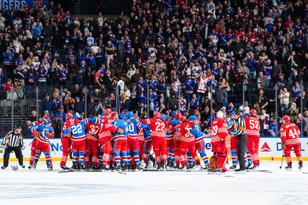 The Rangers and Red Wings fight after their game at MSG on Nov. 16, 2025.