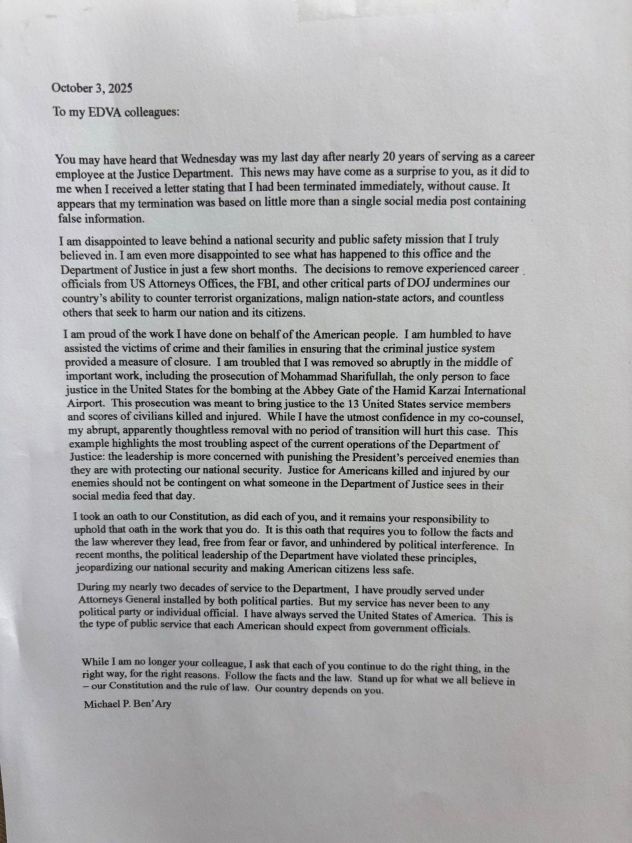 A note, regarding duty, left behind by a federal prosecutor in the Eastern District of Virginia who fired by the Justice Department.