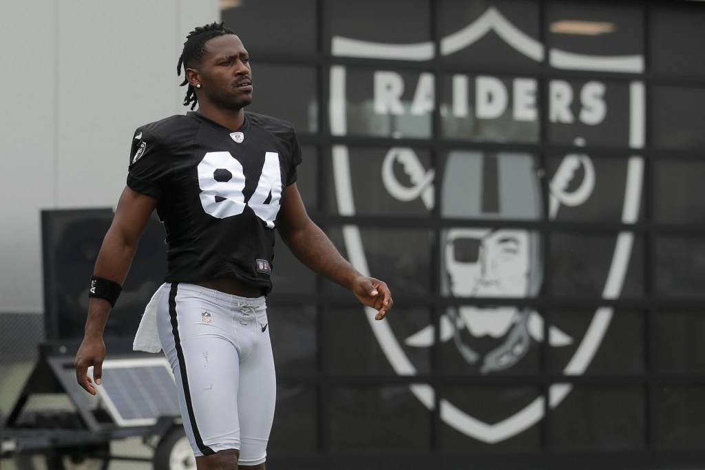 Oakland Raiders player Antonio Brown in his uniform during football practice.