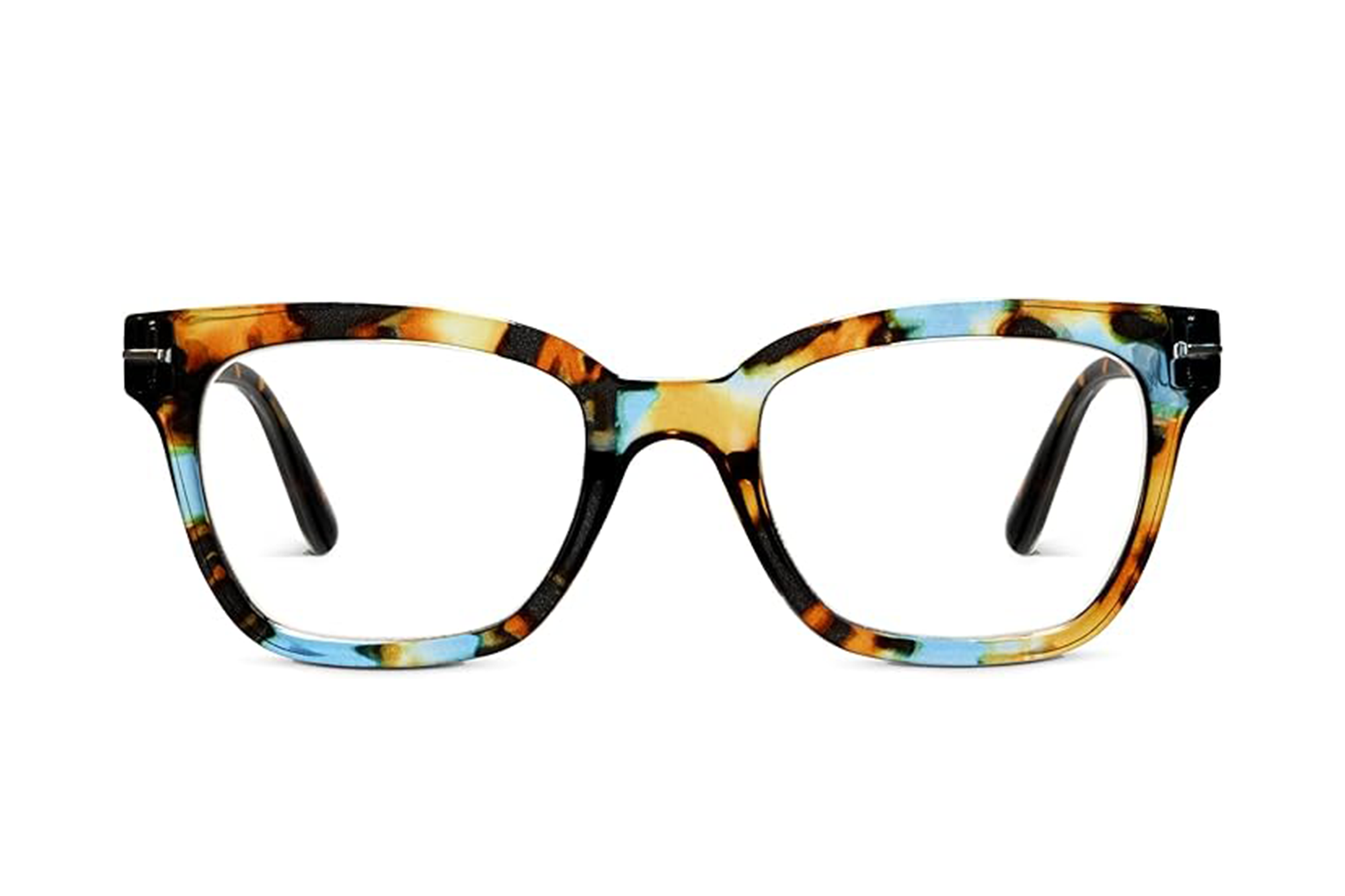 Peepers eyeglasses with a tortoiseshell-patterned frame that includes blue accents.