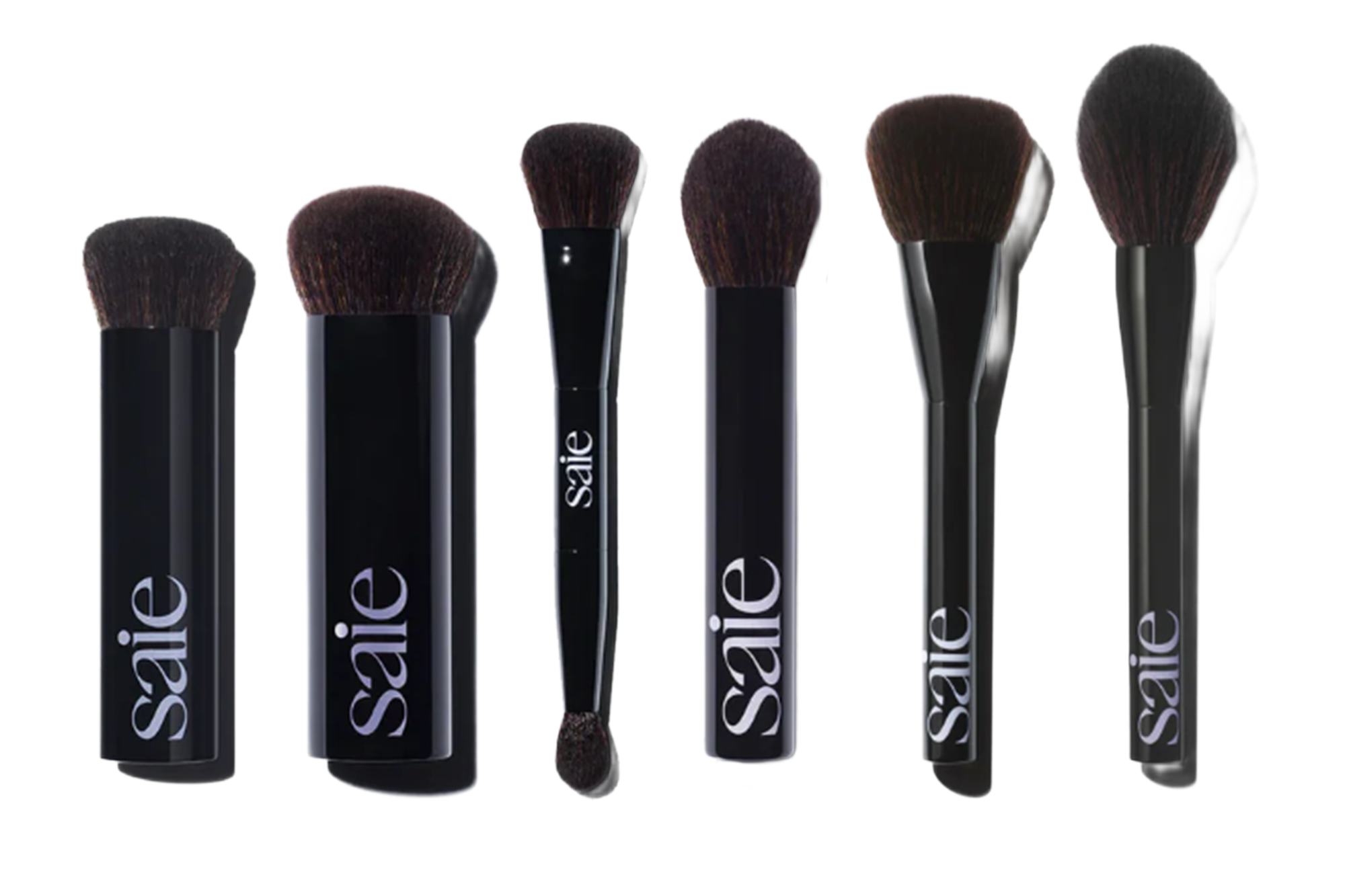 A collection of six black Saie makeup brushes, each with dark brown bristles.