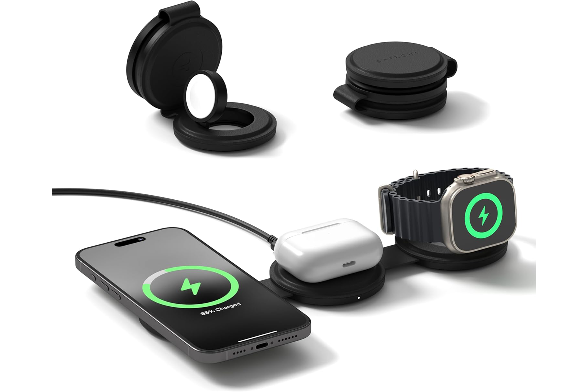 A phone, AirPods, and watch charging on a Satechi 3-in-1 foldable charging stand, with the stand also shown folded and partially folded.