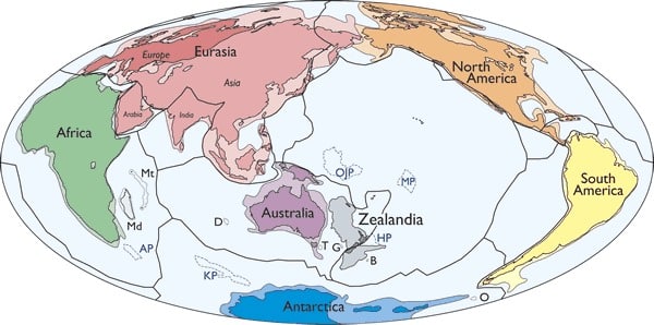 Simplified Map Of Earth’s Tectonic Plates And Continents, Including Zealandia
