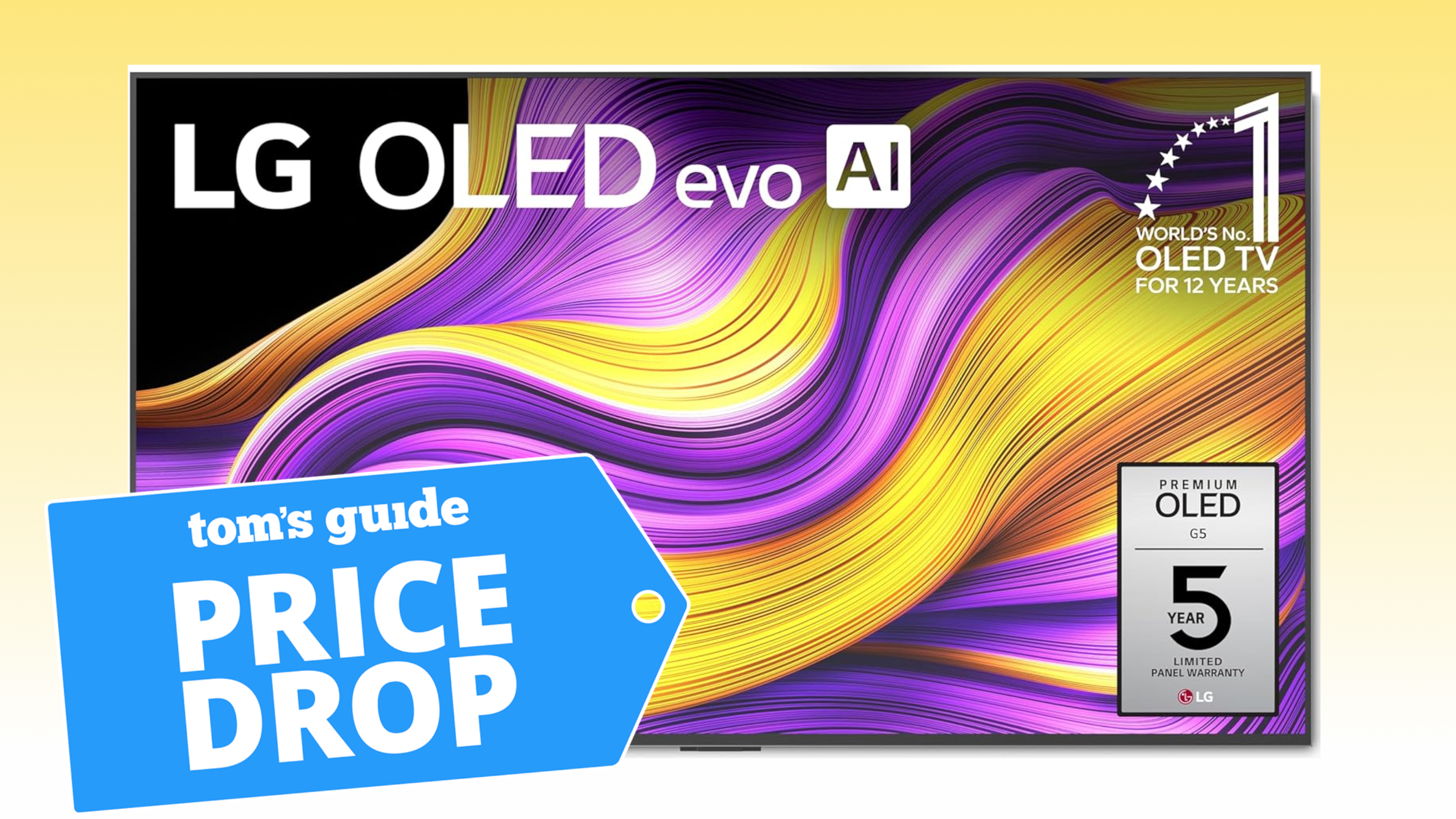 The LG G5 OLED in front of a colorful backdrop with a badge on the left-hand side of the image that reads: "Tom's Guide Price Drop"