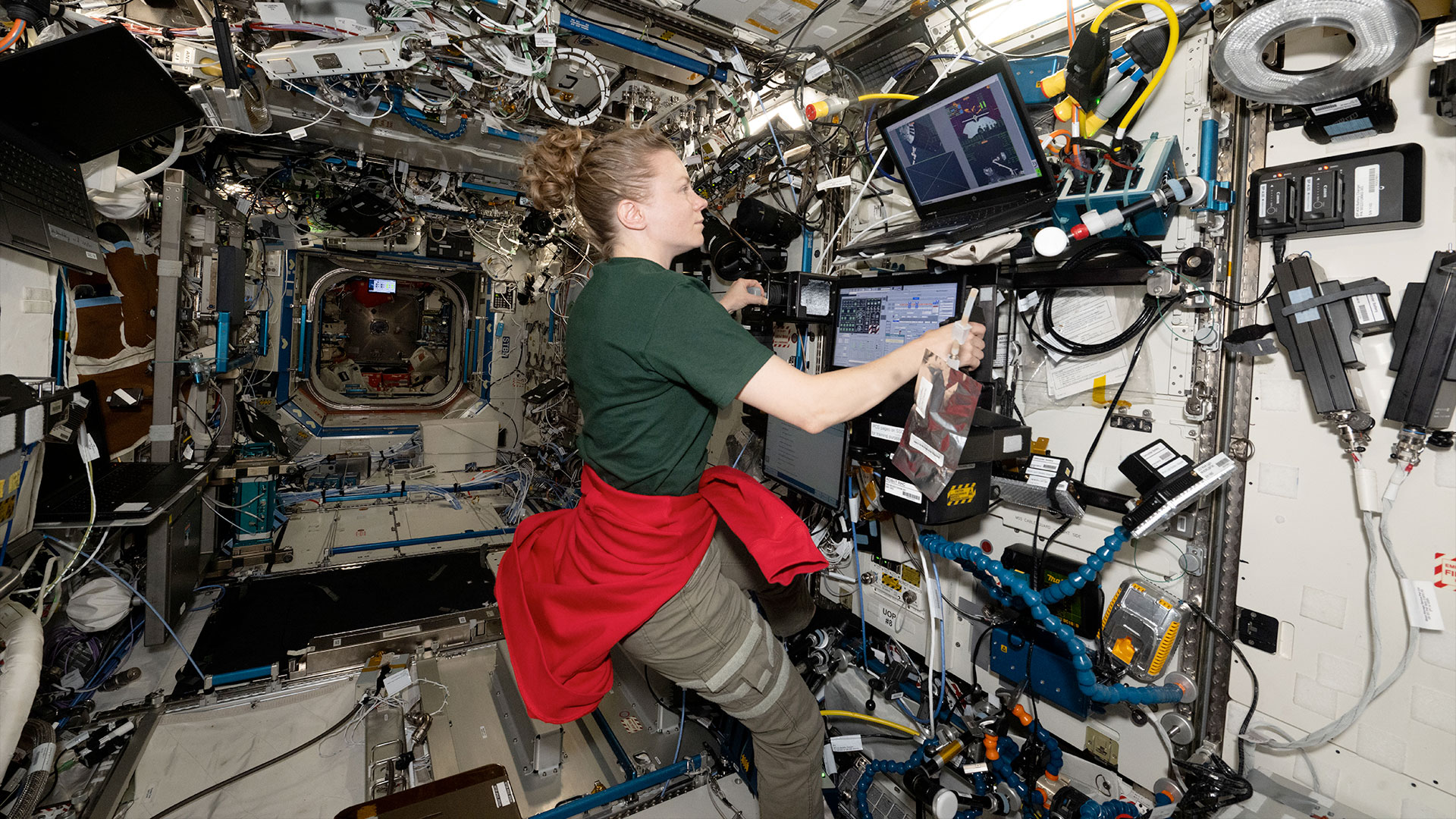 a woman in a forest green short sleeve shirt, kahki slacks and a red sweatshirt tied around her waist works with several laptop computers inside a space station module