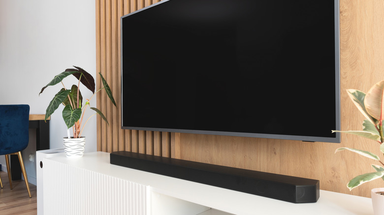A soundbar placed below a TV in a living roon