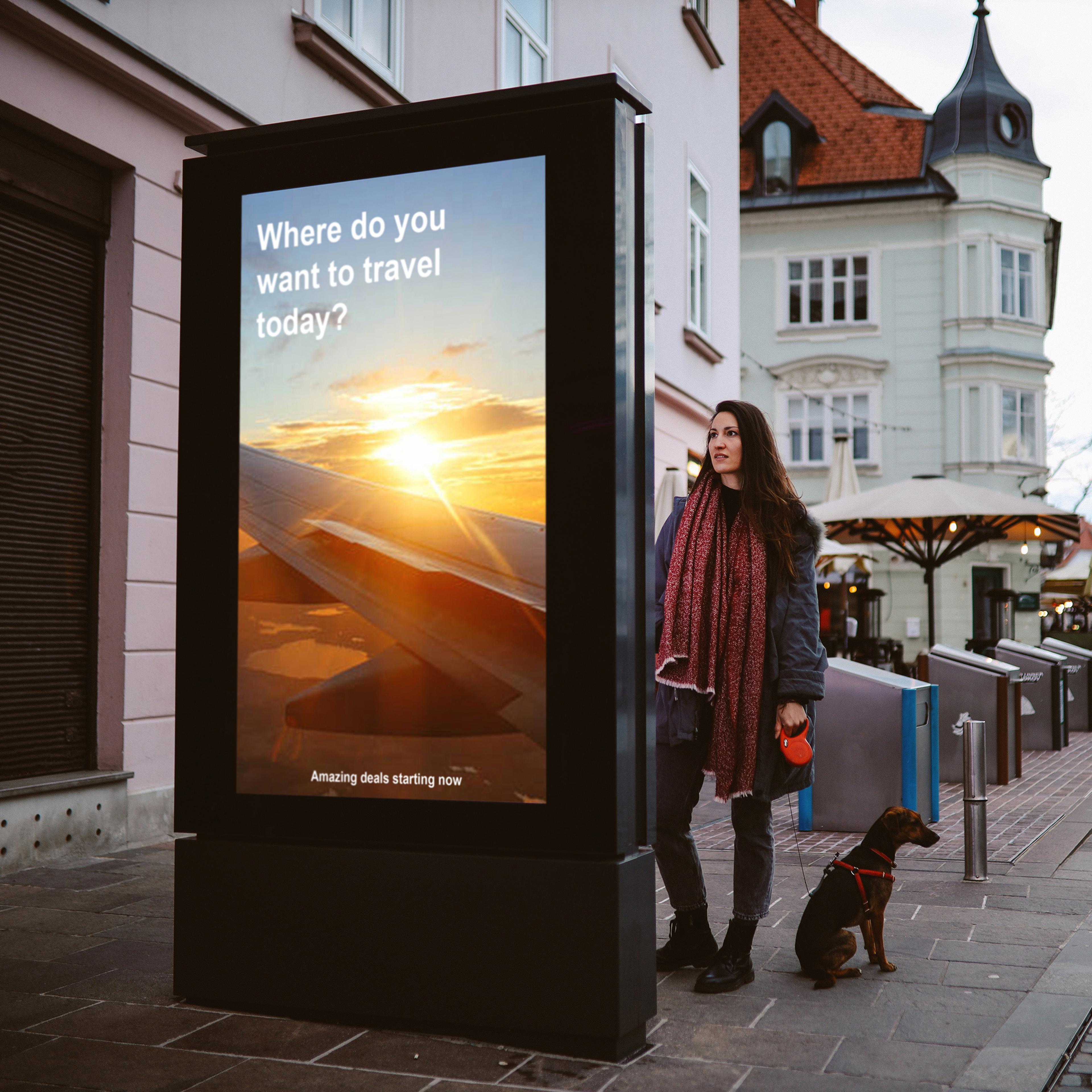 A woman and dog standing in a cobblestone street, by an outdoor travel advertisement showing a plane wing and sunset.