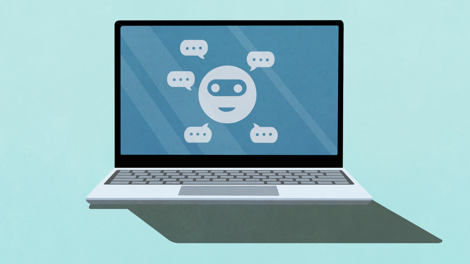 Emoticon and chat bubbles on laptop screen.