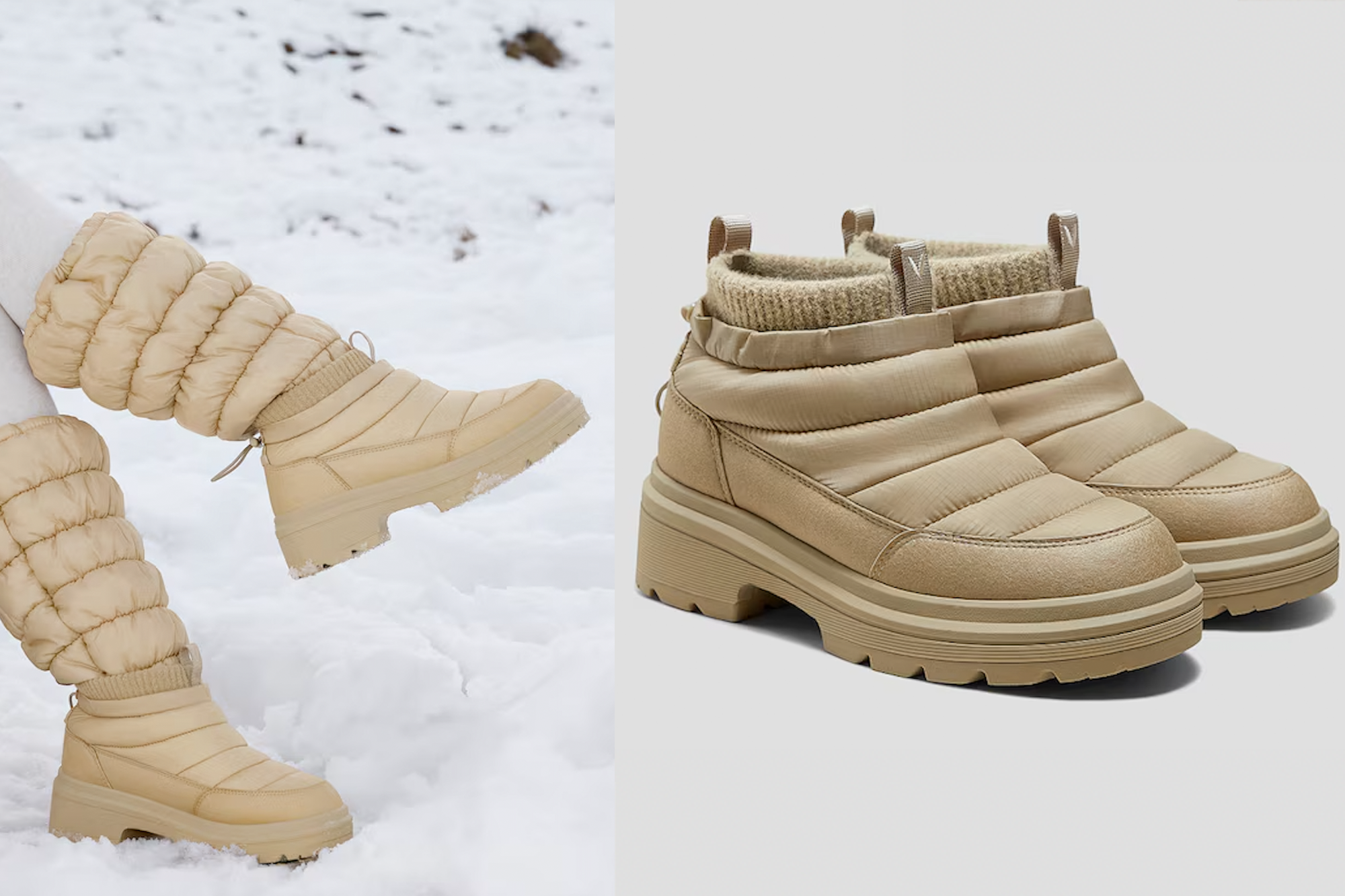 Collage of a person wearing beige puffer snow boots in the snow and a studio shot of the same pair of boots.