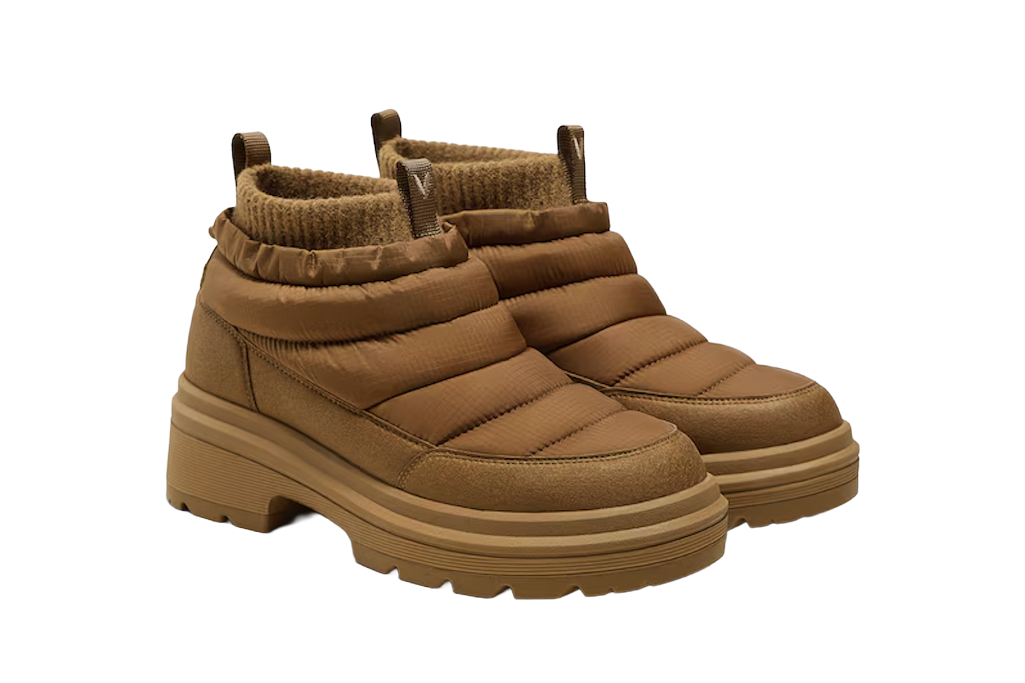 A pair of brown insulated boots with a ribbed knit cuff.