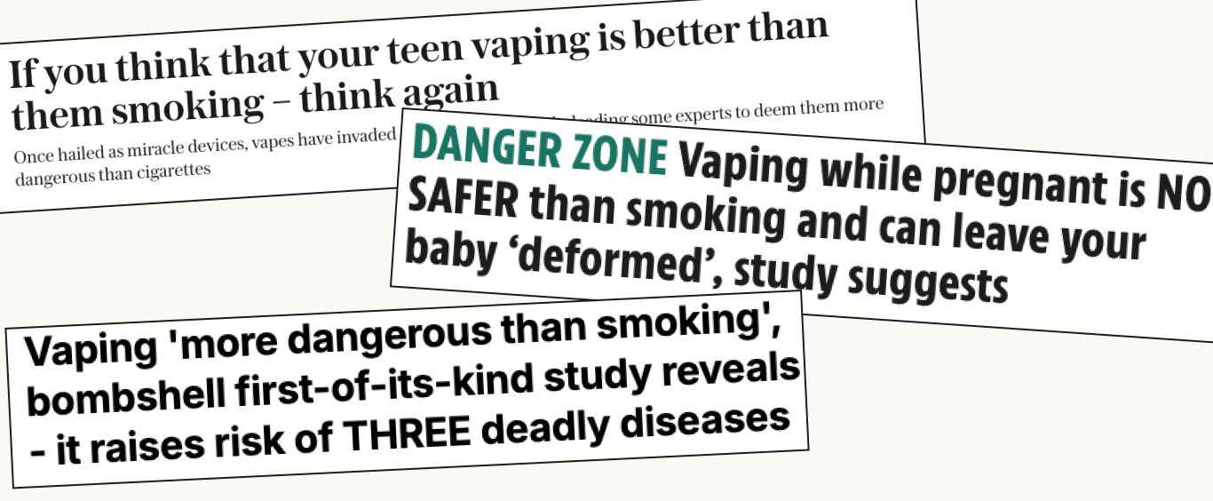The image features several headlines related to vaping and its dangers. Prominent text includes a warning titled "DANGER ZONE," emphasizing that vaping while pregnant is not safer than smoking and can cause severe deformities in babies. Other headlines mention that vaping is more dangerous than smoking, citing a groundbreaking study revealing that it increases the risk of three serious diseases. The font is bold and varied in size, creating a visually striking layout that highlights the urgency and seriousness of the content regarding vaping risks.