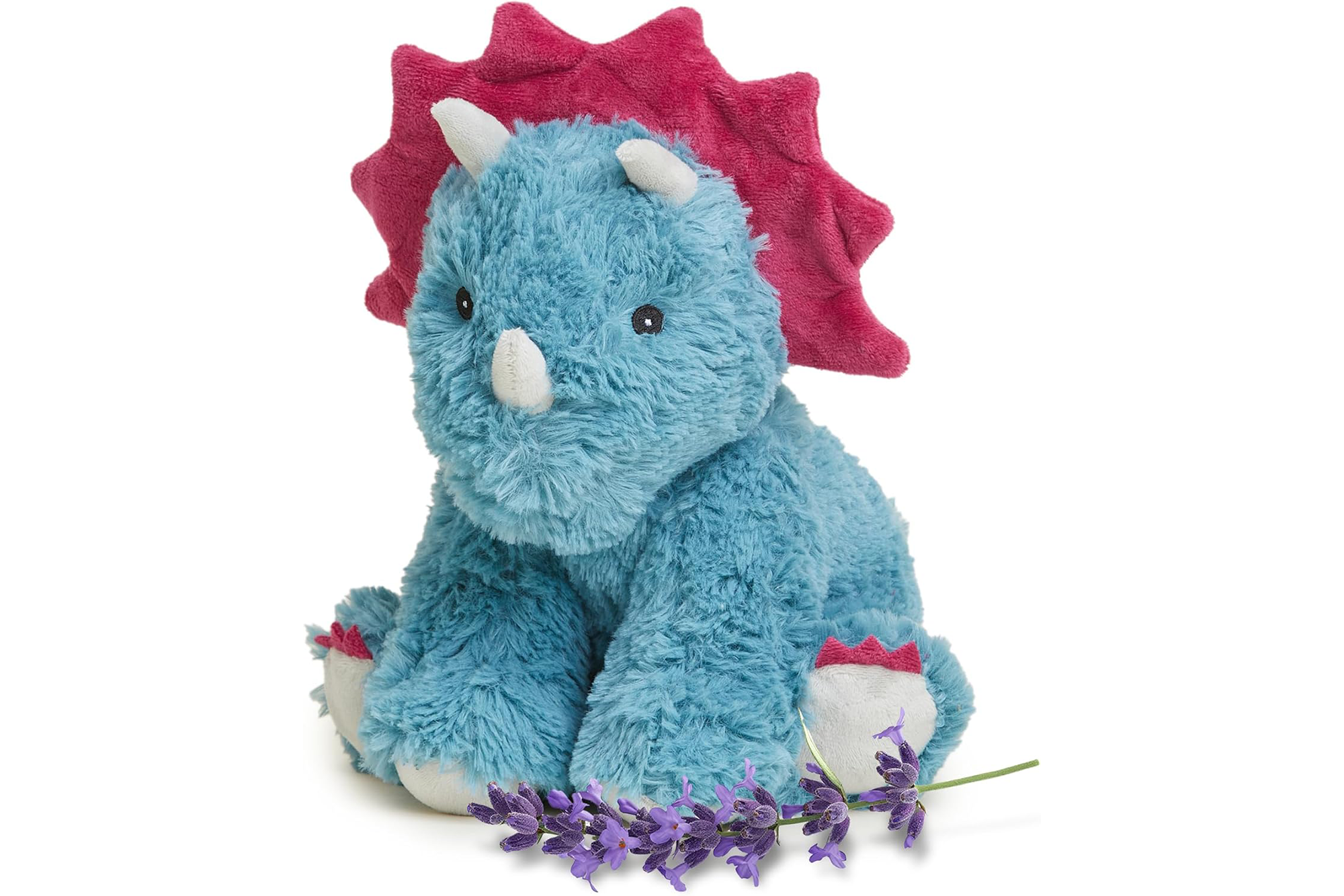 Plush blue triceratops with a pink frill and white horns, sitting with a sprig of lavender in front.
