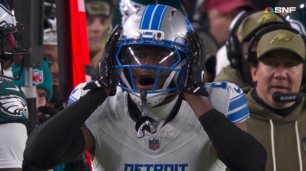 Lions cornerback Rock Ya-Sin reacts after the pass interference call on Nov. 16, 2025.